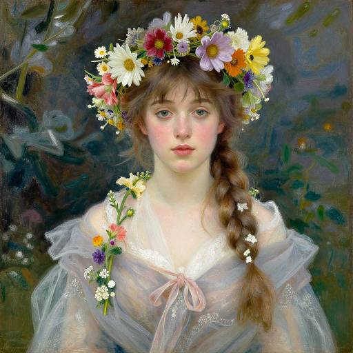 Digital painting of a young woman with fair skin, brown braid, wearing a floral crown and sheer white dress, set against a dark, abstract background