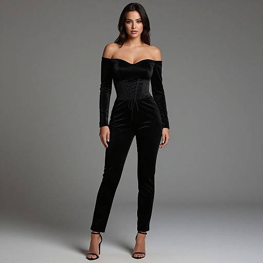 Photograph of a woman with dark hair, wearing an off-shoulder black velvet jumpsuit and black high heels, standing against a plain gray background
