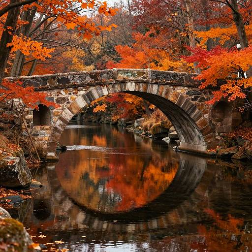 Autumn Stone Bridge Over Calm River
