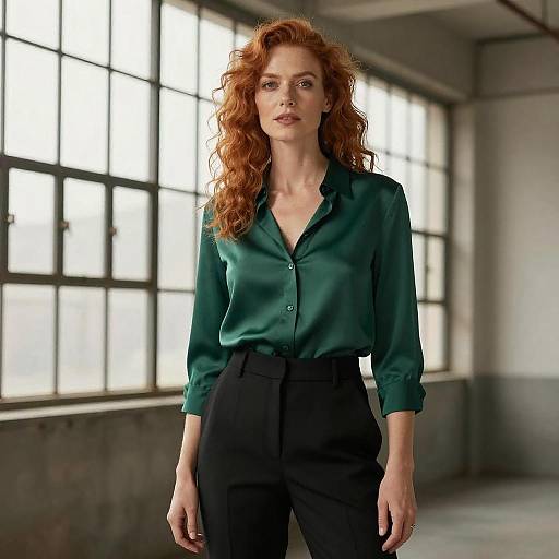 Photograph of a red-haired woman with curly hair, wearing a green blouse and black high-waisted pants, standing in a sunlit, industrial