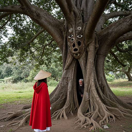 Photograph of a person in a red cloak and conical hat standing before a large, eerie tree with carved, eye-like markings, and a hidden