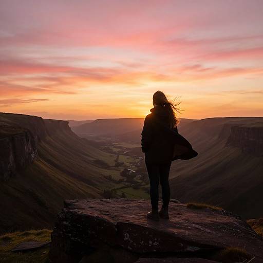 Photograph of a silhouetted woman with long hair, standing on a rocky ledge, gazing at a vibrant sunset over a vast, rolling