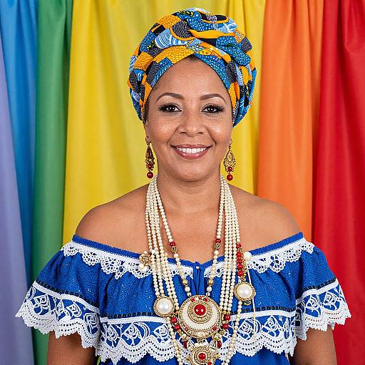Photograph of a smiling Black woman with blue and yellow patterned headwrap, lace-trimmed blue off-shoulder top, and multiple gold