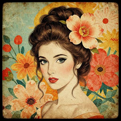 Digital illustration of a fair-skinned woman with red lips, dark brown updo, and large orange and pink flowers in her hair, set against a
