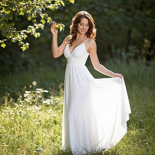 Photograph of a smiling woman with wavy brown hair in a white, sleeveless, V-neck gown, standing in a sunlit, grassy