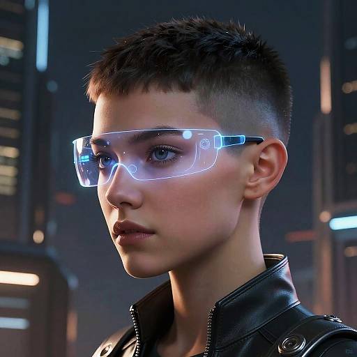 CGI image of a short-haired, androgynous person with glowing blue augmented reality glasses, wearing a black leather jacket in a futuristic cityscape