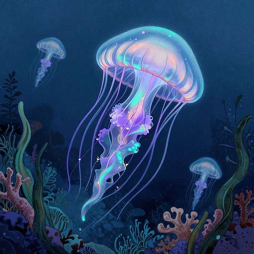 Vibrant digital illustration of glowing blue and purple jellyfish floating among dark blue underwater coral and seaweed, with smaller jellyfish in the background.