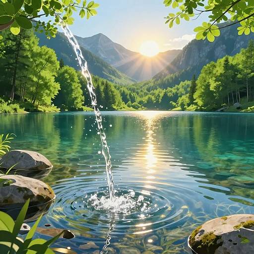 Photograph of a serene mountain lake at sunrise, with sunlight reflecting off the water, a splash from a rock in the foreground, surrounded by green trees