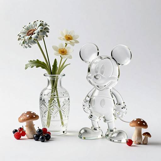Clear glass vase with flowers and transparent Mickey Mouse figurine, surrounded by mushrooms, berries, and cherries, on white background.