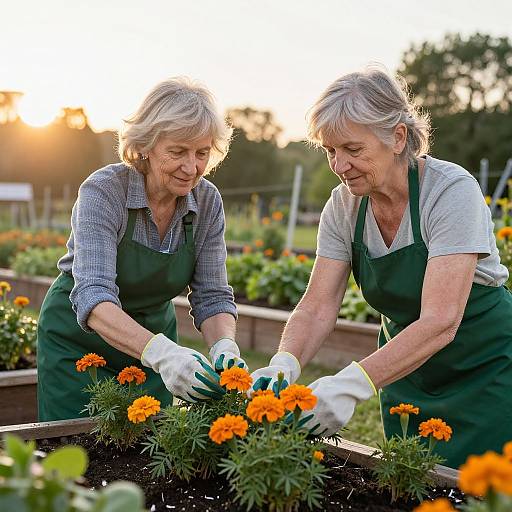 Photograph of two elderly white women with gray hair, wearing green aprons and gloves, smiling while planting vibrant orange marigolds in a sunny garden