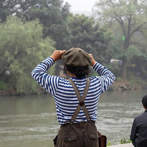 Misty Riverside Street Performer, Back Turned