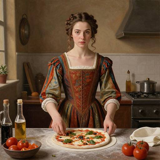 Photorealistic painting of a young woman with curly brown hair in a Renaissance-style dress, making a pizza in a rustic kitchen.