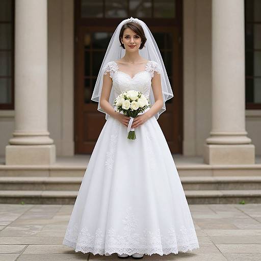 Photograph of a smiling bride in a white lace wedding dress, holding a bouquet of white roses, standing in front of a classic stone building.