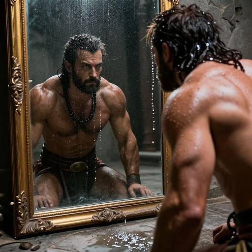 Muscular, bearded man with wet, dark hair and loincloth kneels before ornate mirror, gazing intensely in dimly lit,