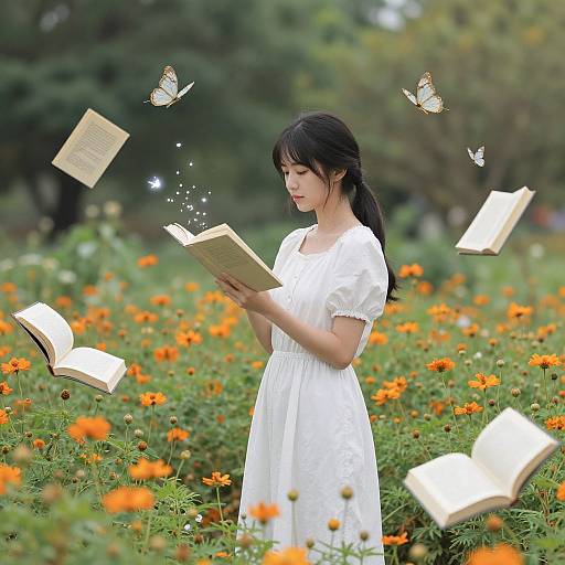 Photograph of an Asian woman in a white dress, reading in a field of orange flowers, surrounded by floating books and butterflies.