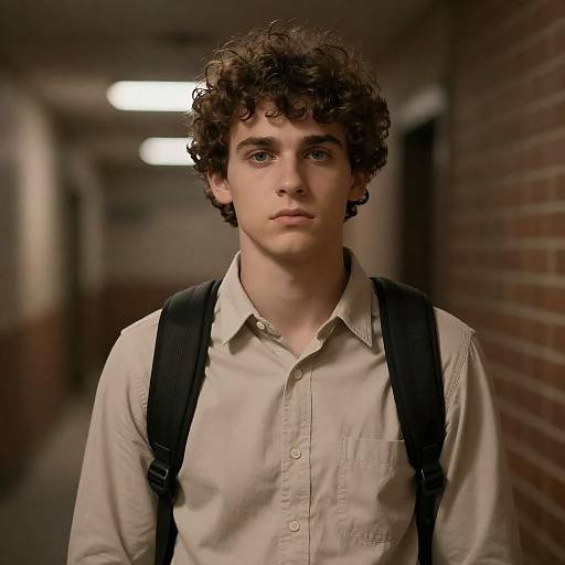 Serious Young Man in Dimly Lit Hallway