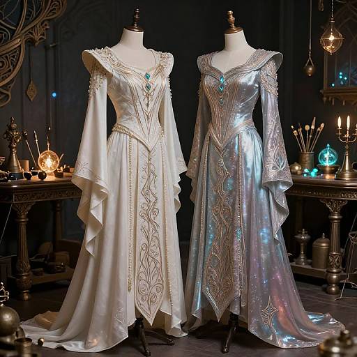 Photograph of two elegant medieval-inspired dresses on mannequins; one white with intricate gold embroidery, the other silver with shimmering patterns, set