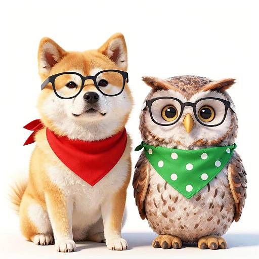 Charming Cartoon Akita and Owl Duo