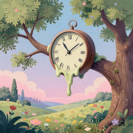 Digital painting of a melting clock hanging from a tree branch in a colorful, whimsical meadow with blooming flowers and a bright, pastel sky