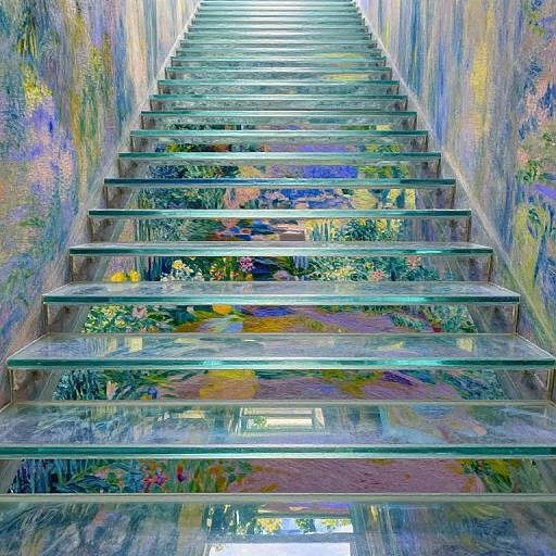 Infinite Glass Staircase with Surreal Gardens