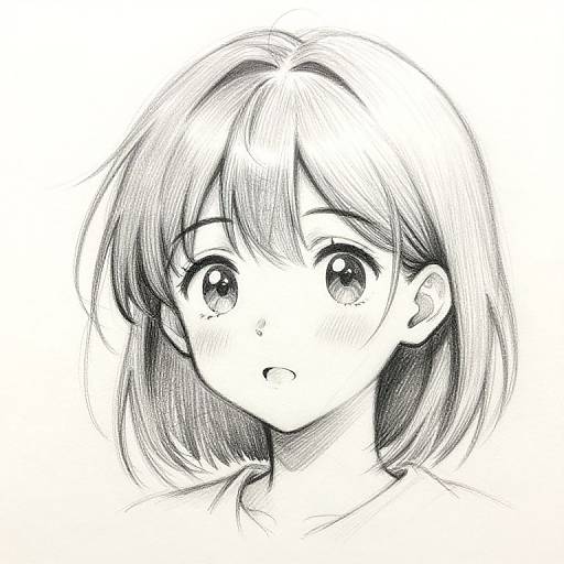 Black-and-white anime-style digital drawing of a young girl with short, slightly wavy hair, large, expressive eyes, and a surprised expression.