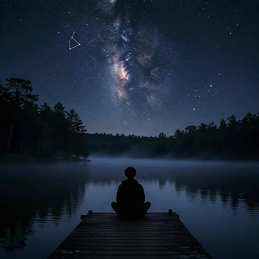 Silhouetted person sits on wooden dock, gazing at starry night sky and Milky Way over calm, misty lake.
