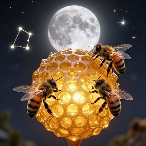 Photograph of three bees on a glowing honeycomb against a moonlit night sky with stars and a constellation.