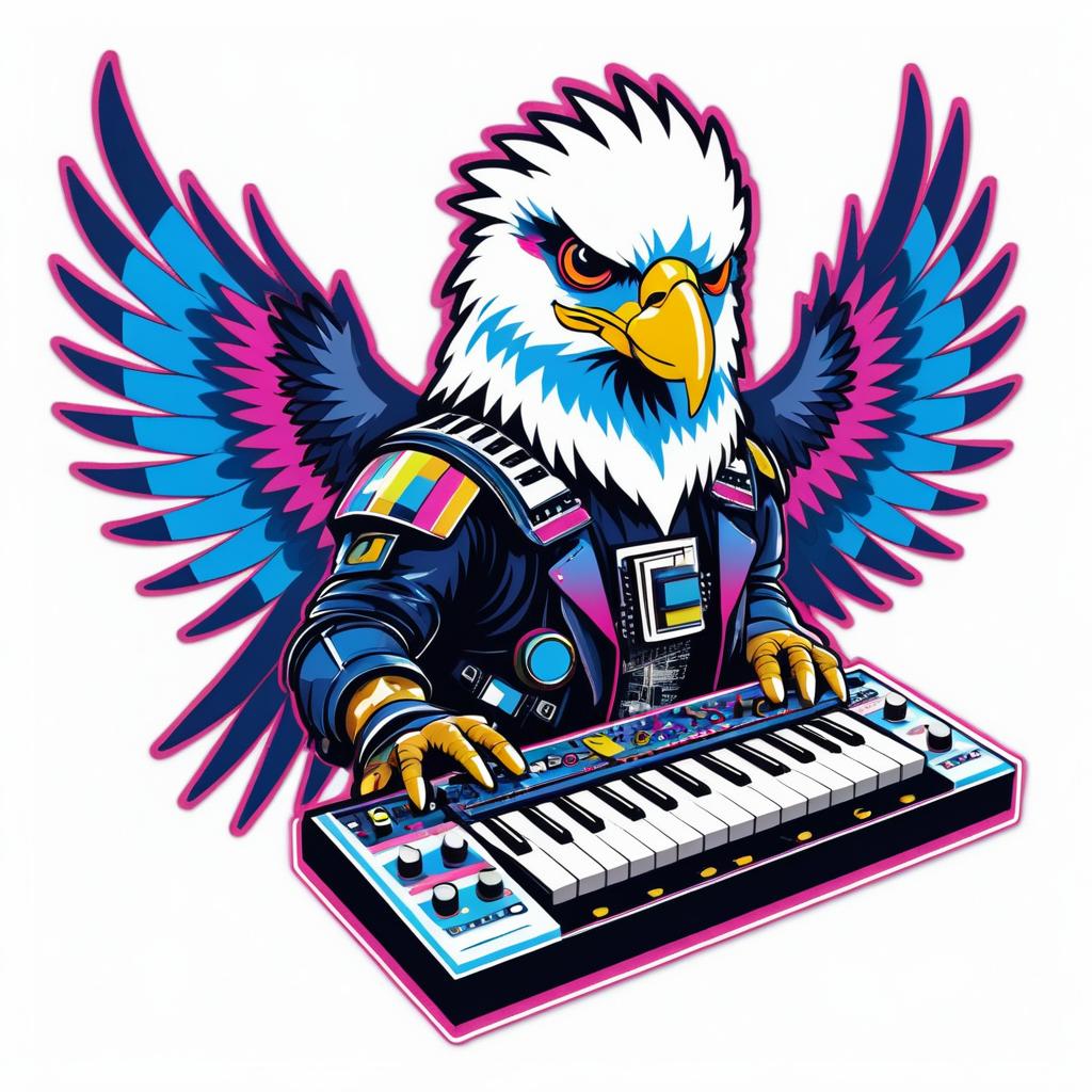 Cyborg Eagle in Retro Synthpop Style