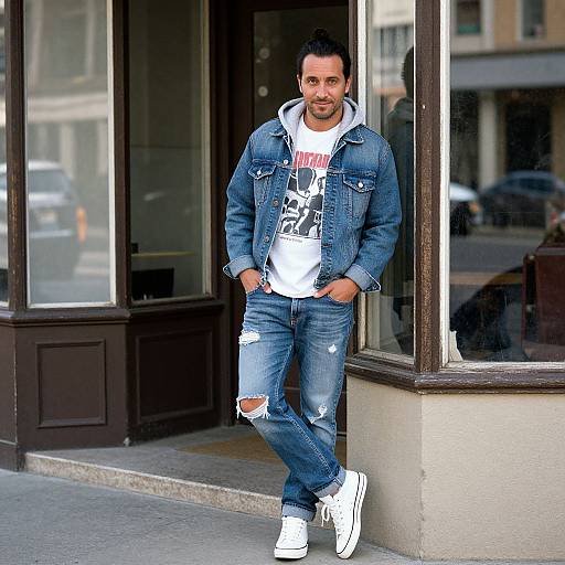 Photograph of a young man with short dark hair, light brown skin, and a trimmed beard, leaning against a storefront. He wears a denim jacket