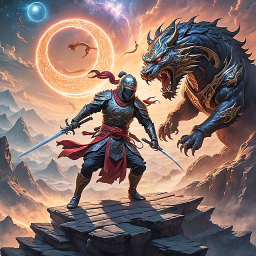Ninja Triumphs Over Mythical Beast in Space Ninja Triumphs Over Mythical Beast in Space