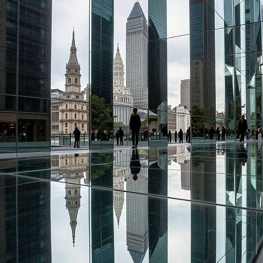 Photograph of a modern urban plaza with reflective glass panels, silhouetted people, and a clear reflection of St. Paul's Cathedral.