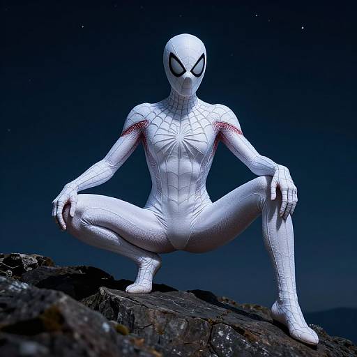 Photorealistic CGI of Spider-Man in white suit, crouched on rocky terrain, night sky background, muscular physique, web-patterned suit,