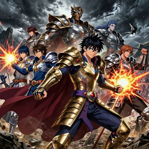 Dynamic anime-style illustration of six armored warriors wielding glowing energy weapons, standing heroically against a stormy, battle-scarred sky.