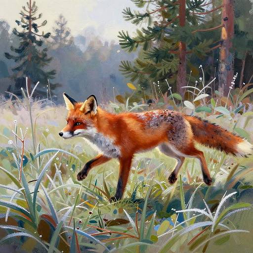 Digital painting of a red fox with vibrant orange fur, black ears, and white underbelly, walking through a sunlit, lush forest with tall