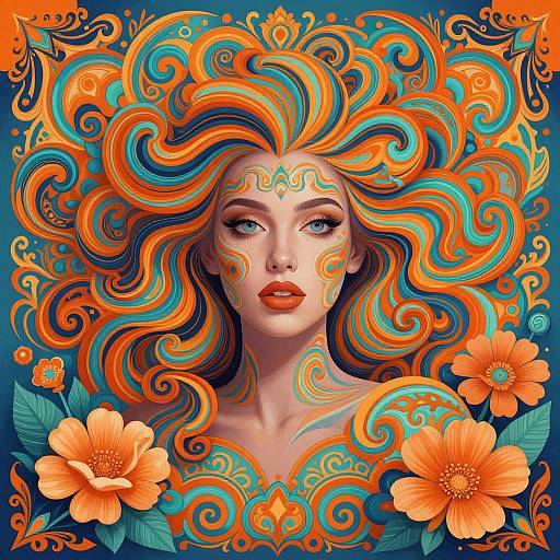 Digital artwork of a fair-skinned woman with vibrant orange and teal swirling hair, adorned with intricate patterns, surrounded by large orange flowers and ornate designs