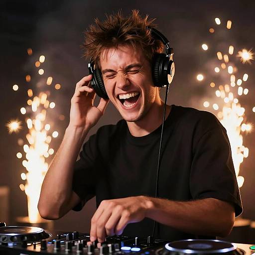 Energetic DJ Laughing with Mixer