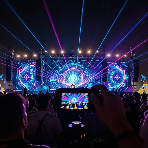 Photograph of a vibrant concert stage with neon blue and purple laser lights radiating from three circular patterns, silhouetted crowd in foreground, and