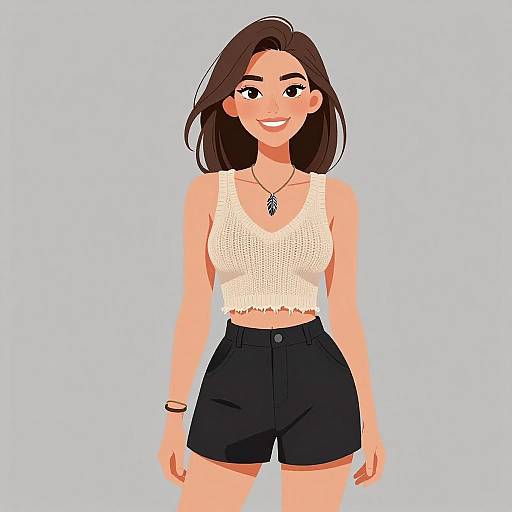 Digital illustration of a smiling young woman with medium-length brown hair, wearing a white lace crop top and black high-waist shorts, against a light