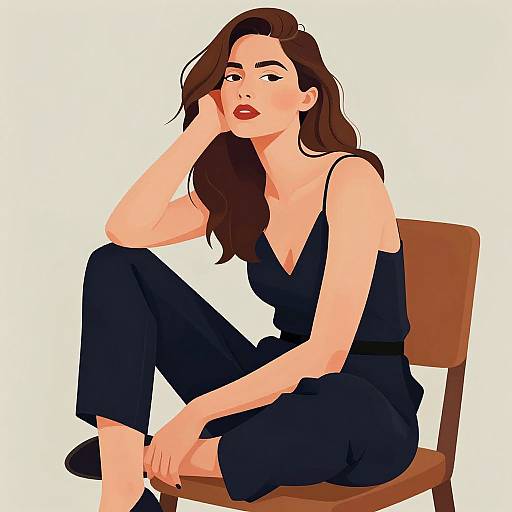 Digital illustration of a pensive woman with long brown hair, wearing a black sleeveless dress and pants, sitting on a brown chair.
