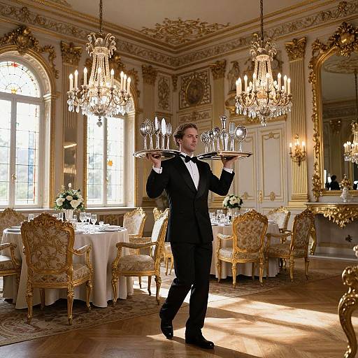 Footman Carrying Silverware in Baroque Palace