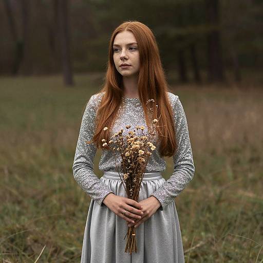 Photograph of a fair-skinned, red-haired young woman in a silver, long-sleeved top and silver skirt, holding dried flowers, standing