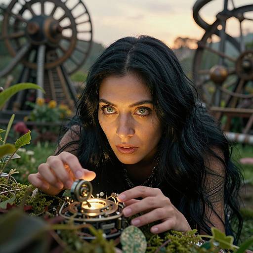 Enigmatic Andean Woman in Surreal Garden