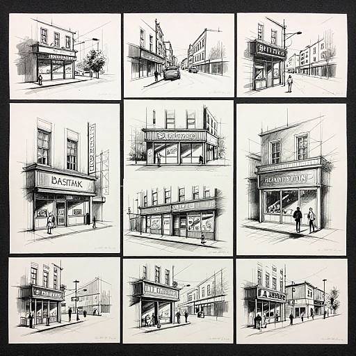 Black-and-white sketch collage of urban street scenes featuring various storefronts, including 