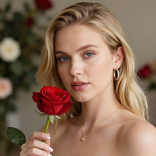 Photograph of a blonde woman with blue eyes, holding a red rose, wearing hoop earrings and a gold necklace, against a blurred floral background.