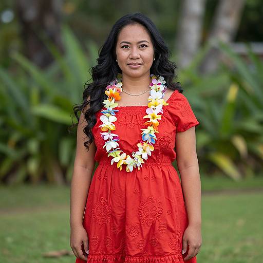 Photograph of a smiling South Asian woman with long black hair, wearing a bright red dress and a colorful flower lei, standing in a lush green outdoor