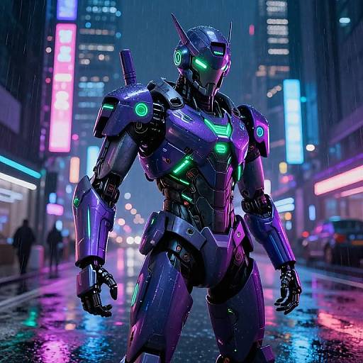 Digital artwork of a neon-lit, cyberpunk street at night. A towering, purple and green glowing robotic warrior stands on a wet, reflective road