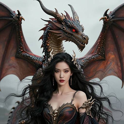 Digital fantasy artwork: Asian woman with long black hair, dark gold and black armor, red dragon behind her with outstretched wings.