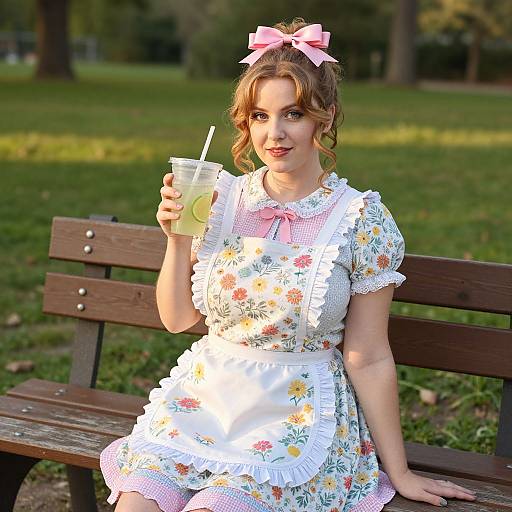 Photograph of a smiling woman with curly brown hair, pink bow, floral dress, and white apron, sipping iced drink on park bench