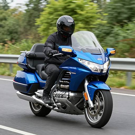 Photograph of a male motorcyclist in black gear riding a blue Honda Gold Wing touring bike on a road with green trees in the background.