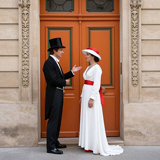 Photograph of a man in black tuxedo and top hat, gesturing, standing beside a woman in white dress with red sash and hat